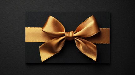 A black rectangle with a gold ribbon tied in a bow, perfect for gifting, on a dark surface