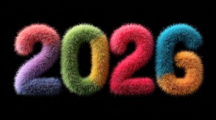 Fuzzy numbers "2026" in rainbow colors on a black background