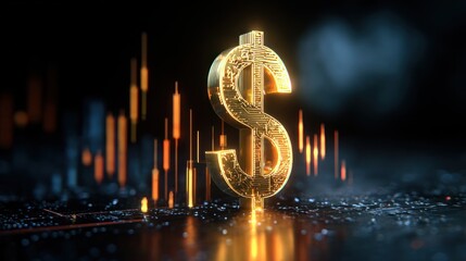 A glowing gold dollar sign, detailed with circuit-like patterns, rests on a dark, reflective surface with blurred orange and blue candlestick chart lines in the background, suggesting financial