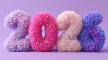 Fluffy pastel-colored numerals "2026" against a light purple background.  Each number is rendered in a different shade of plush, textured material; lavender, pink, peach, and periwinkle