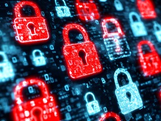 Digital padlock icons glowing with red and blue light against a background of binary code representing data security and cyber protection concepts
