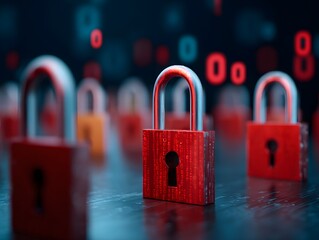 Digital security concept with multiple padlocks in a row representing data protection and network privacy in a technological environment with binary code
