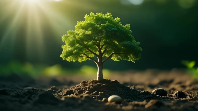 A vibrant green tree sapling is growing in rich soil under the warm glow of the sun's rays, symbolizing growth and new beginnings