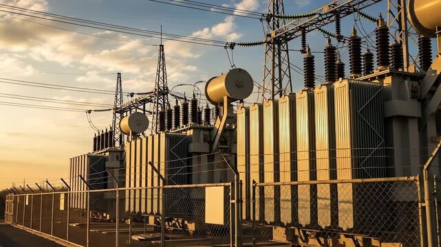 Massive Electrical Power Substation With Rows Of Transformers And High Voltage Wires Against A Dramatic Sunset Sky With Golden Light Illuminating The Industrial Landscape And Silhouetted Structures