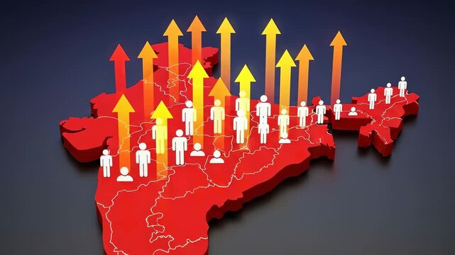 India Map with Growing Population and Upward Arrows Infographic on Dark Background