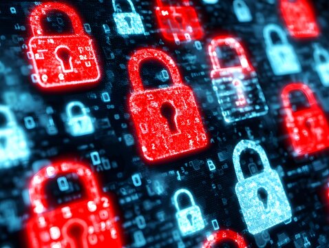 Digital padlock icons glowing with red and blue light against a background of binary code representing data security and cyber protection concepts - Powered by Adobe