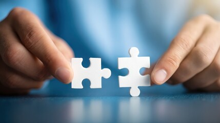 Hands holding two white puzzle pieces, about to connect, symbolizing teamwork and completion