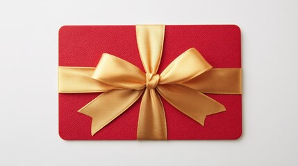 Red card with gold ribbon tied in a bow against white