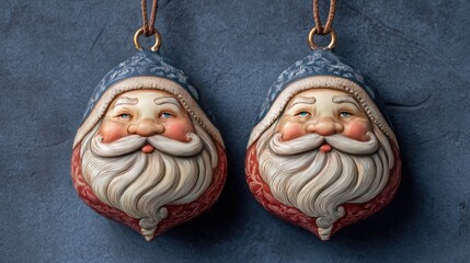 Two Santa ornaments, painted & sculpted, with charming, aged faces