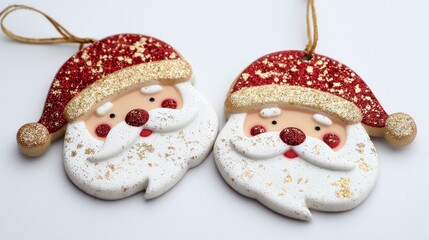 Two festive Santa Claus ornaments with glittery hats and rosy cheeks