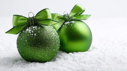 Two green Christmas ornaments with ribbons sit on faux snow