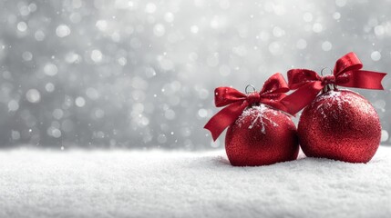 Two red, glittery holiday ornaments with red bows on snowy surface against a bokeh background