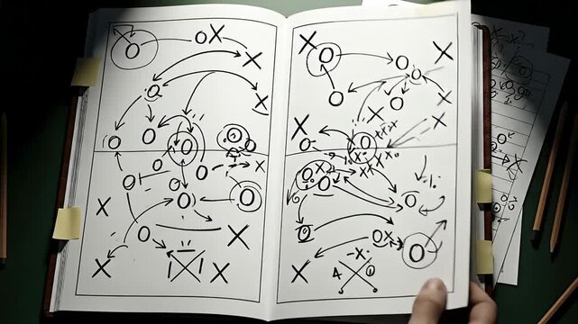 Open Strategy Book With Diagram of Plays and Tactics Detailed Tactical Plans and Arrows on White Pages Illuminated by Dramatic Overhead Lighting Surrounded by Pencils and Papers