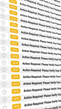 Action Required: Please Verify Your Payment messages repeat endlessly. Symbolizes phishing, online fraud, cybersecurity threats, or spam.