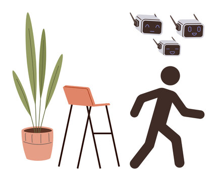 Person walking past a tall chair and potted plant as three cheerful flying robotic devices hover above. Ideal for technology, innovation, AI, smart living, futurism, modernity, simple flat metaphor