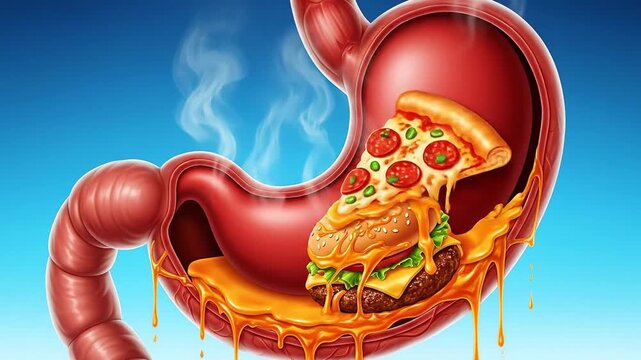 Stomach Anatomy Filled With Unhealthy Fast Food Items Such As Pizza Burger Fries and Onion Rings