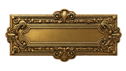 Ornate, golden placard with detailed scrollwork design