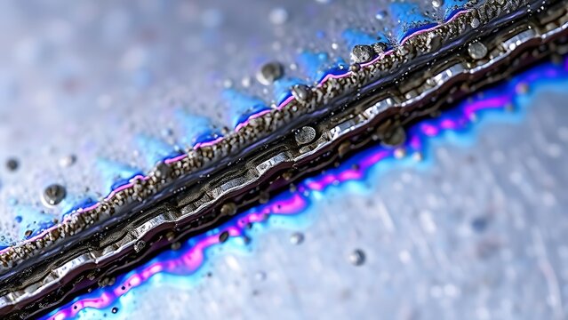 implicit. Macro of brazed metal seam with iridescent blue and purple oxidation. safety posters, maintenance manuals, designed for industrial assembly lines and welding operations, supports safety.