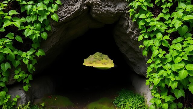 oligarchy. Entrance to an underground cave framed by green vines, dark interior contrasting with bright spring landscape. travel magazines.