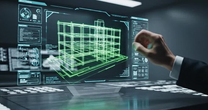 Futuristic Architect Interacting with Holographic Building Model on Advanced Display.