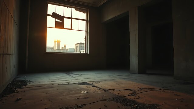oligarchy. Urban ruin at dusk with soft light through a broken window onto a dusty floor. real-estate listings.