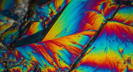 Mesmerizing abstract patterns of vibrant polarized light reveal intricate crystal formations, showcasing a stunning kaleidoscope of microscopic beauty and colorful textures