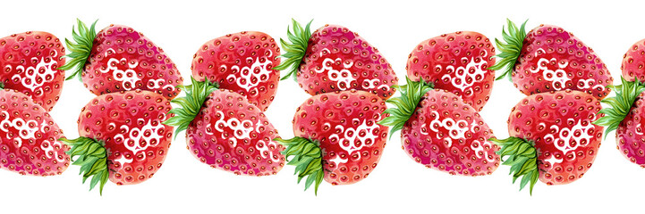 A beautiful seamless border of sweet strawberries. A bright, juicy berry pattern. A template for an endless banner for jam, marmalade, cosmetics, and just for summery feel. Watercolor illustration