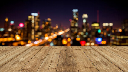 Empty wooden table amid colorful city bokeh lights
