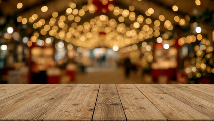 Empty wooden table in golden bokeh holiday market background