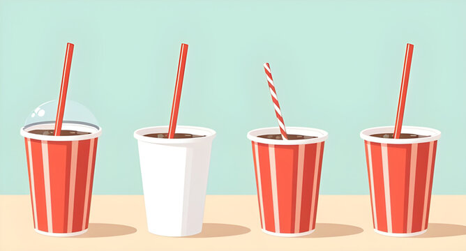 soda, softdrink, cola, fizzy soda, carbonated drink, beverage cup, drink cup, paper cup, disposable cup, takeaway cup, straw, lid, cold soda, iced drink, refreshment, fast food, junk food, street food