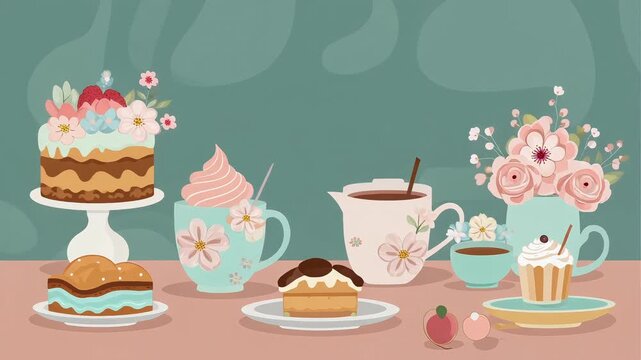 2D flat illustration of a colorful spring tea party setup with decorated cake, pastries, and floral mugs in pastel colors.