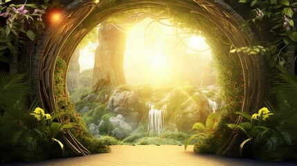 Enchanted Forest Portal Opening to a Sun-Drenched Landscape with a Waterfall