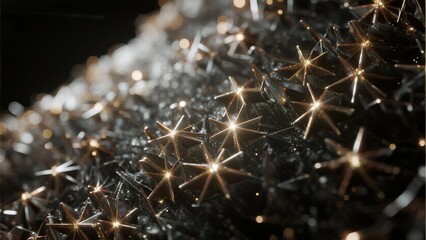 Close-up of glittering star-shaped particles on a dark textured surface with reflective highlights