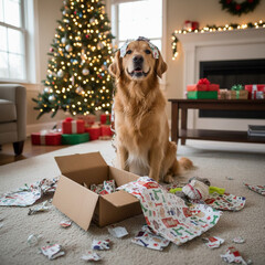 dog with christmas gifts