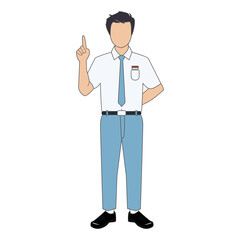 Male student in uniform pointing finger upwards, presenting an idea or asking a question, flat vector illustration
