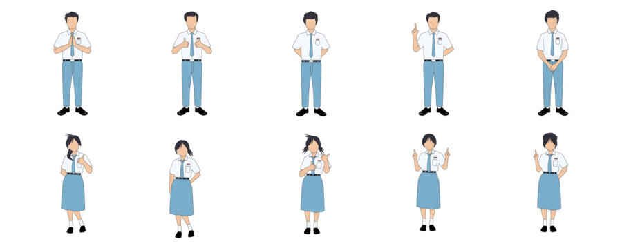 Indonesian High School Students in Uniforms, Male and Female, Posing with Various Gestures like Thumbs Up, Pointing, and Greeting