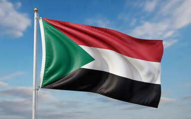 Proud Sudanese flag waving against a clear blue sky for national holidays and patriotic celebrations