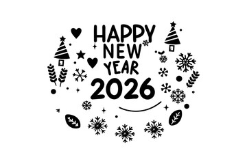 Minimalist thin line festive icons forming a circular design around Happy New Year text, celebrating holiday decorations, fireworks, confetti, and party elements on white background.