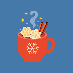 Festive holiday hot cocoa mug flat illustration on dark blue background. Winter hot drink topped marshmallows shaped like snowflakes, cinnamon sticks and chocolate sprinkles. Stars and smoke elements.