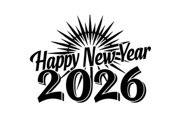 Festive burst fireworks and colorful celebration behind "Happy New Year 2026" text on white background, vibrant party design, cheerful holiday, sparkling festive elements for 2026 celebration
