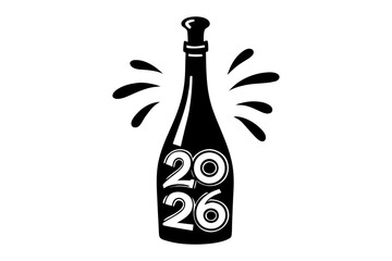 Flat doodle illustration of a champagne bottle popping with 2026 confetti, festive celebration, party, sparkling wine, holiday, New Year, fun, flat vector design, white background