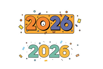 Flat rectangular confetti scattered around 2026 numbers on a clean white background, festive celebration, bright colorful paper pieces for New Year 2026 party decoration