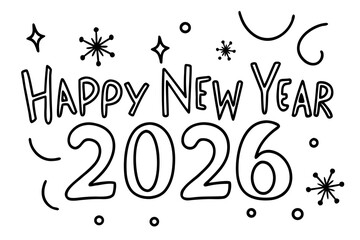 Fun festive doodles celebrating Happy New Year 2026, colorful hand-drawn illustrations, party icons, confetti, fireworks, balloons, hats, streamers, cheerful holiday decorations, festive design 