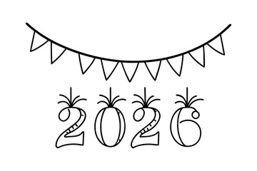 Holiday style garland hanging above cheerful Happy 2026 text on clean white background, festive decorative composition with simple seasonal elements suitable for celebration, greeting, and new year 