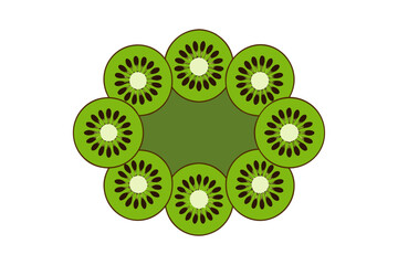 Top view of fresh kiwi slices arranged in a thin mandala pattern on white background, vibrant tropical fruit design, symmetrical radial decoration, healthy food concept, creative fruit art