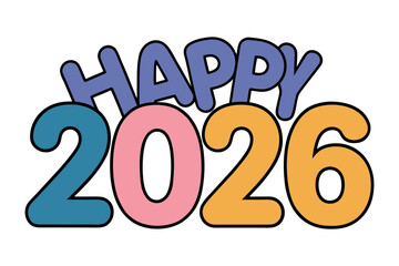 Minimal happy new year text stacked over 2026 in a clean simple layout, modern typography on a plain background, elegant seasonal message design for greeting, celebration, and holiday visuals