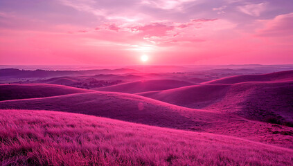 Endless rolling hills in pink and purple sunrise