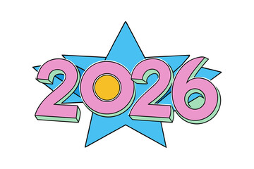 Star shaped pieces forming the number 2026 on a clean white background, creative geometric composition with scattered elements, modern minimalist layout perfect for New Year design and celebration 