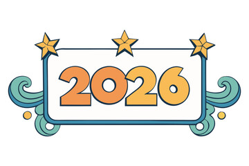 Star decorated rectangular frame featuring the number 2026 on a clean white background, minimalist festive border design suitable for New Year celebrations, modern layout for creative graphic projects