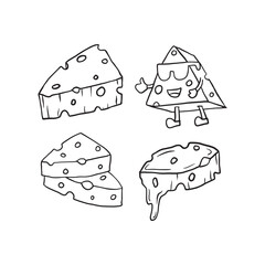 Hand drawn outline illustration of assorted cheese variations. Simple, clean, and minimal sketch style, perfect for food icons, menus, dairy branding, and culinary graphic design.